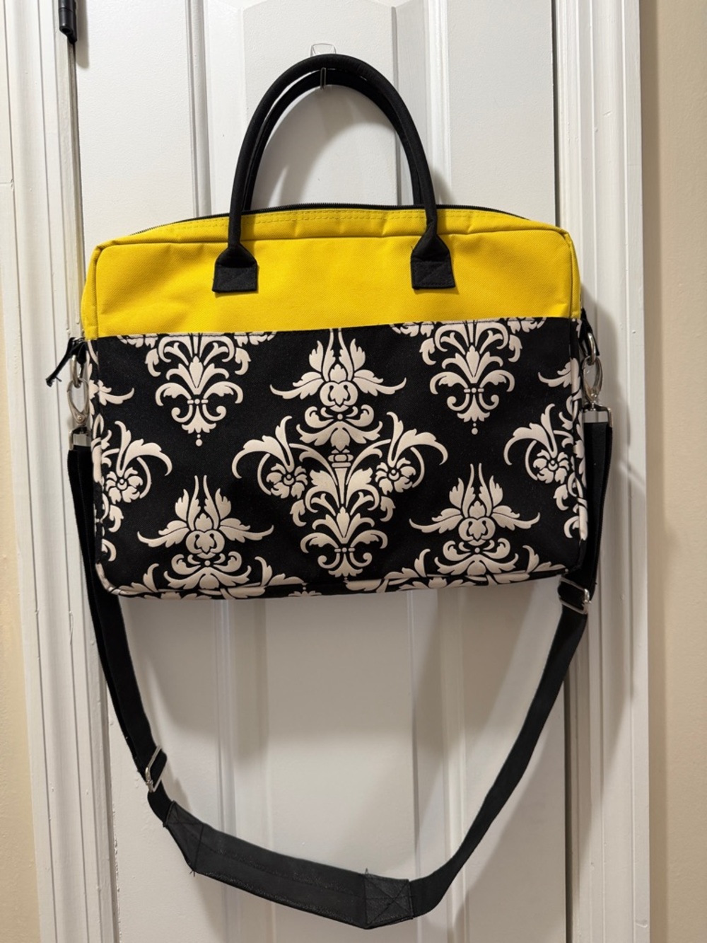 Yellow and Black Damask Laptop Bag with Removable Strap